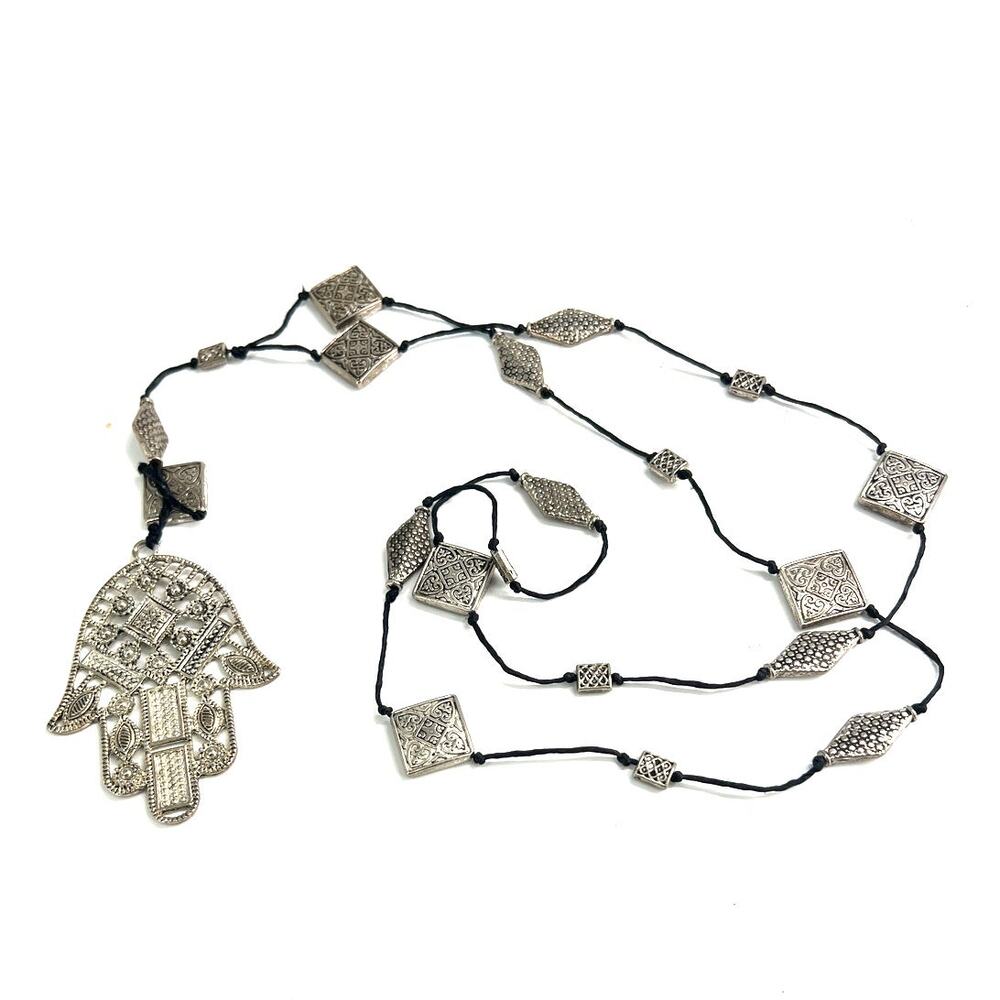 Fatima Hamsa Pendant Necklace Long Silver Artisan Bohemian BOHO jewelry Alloy